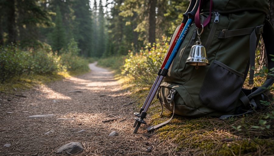 A hiker on a forest trail with a bear bell attached to trekking gear in Canada.