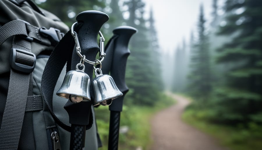 “Bear bells clipped to a hiking backpack strap and trekking pole on a forest trail in Canada.”