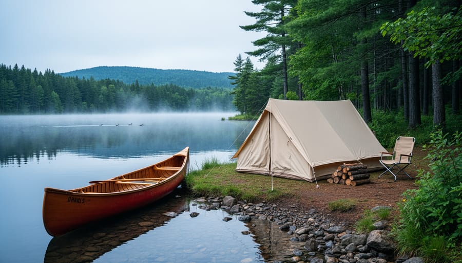 “A tent pitched on a forest campsite beside a calm glacial lake at Parc National du Mont-Tremblant, with a canoe on the shore and mist rising among pine trees.”