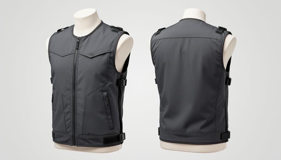 Close-up of a wakeboarding vest showing its panel construction, zipper, and adjustment straps.