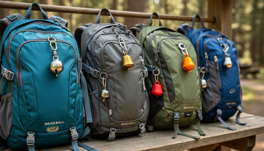 Close-up of bear bell hardware attached with Velcro strap and carabiner on hiking gear.