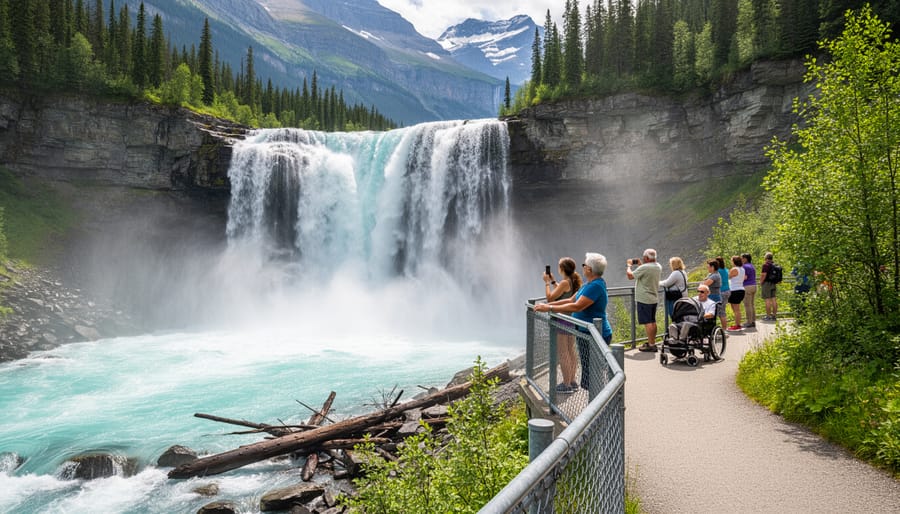 Family at a safe viewing platform looking at the wide cascade of Wapta Falls in Yoho National Park