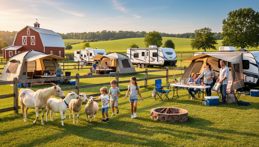 Family camping with a tent near a barnyard fence as a child greets a petting-zoo goat.
