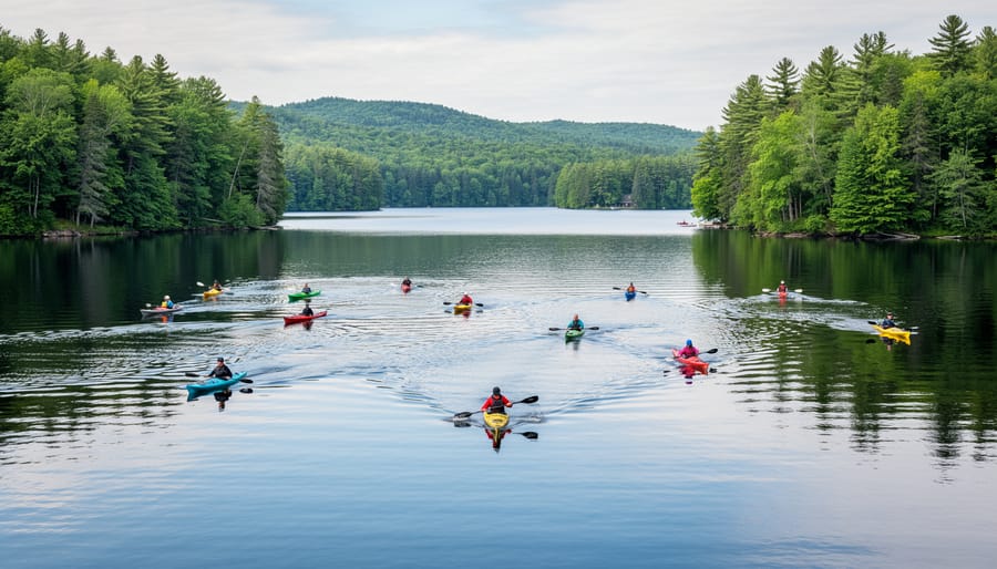 Friends kayaking on a calm lake with forest shoreline in the background near Mont-Tremblant