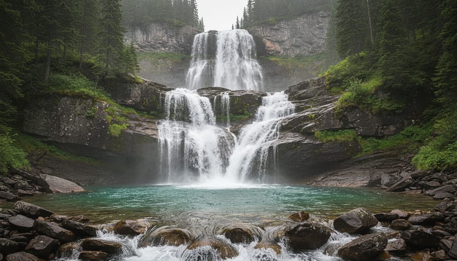 Hiker beside a trail near the multi-tiered Laughing Falls waterfall in Yoho National Park