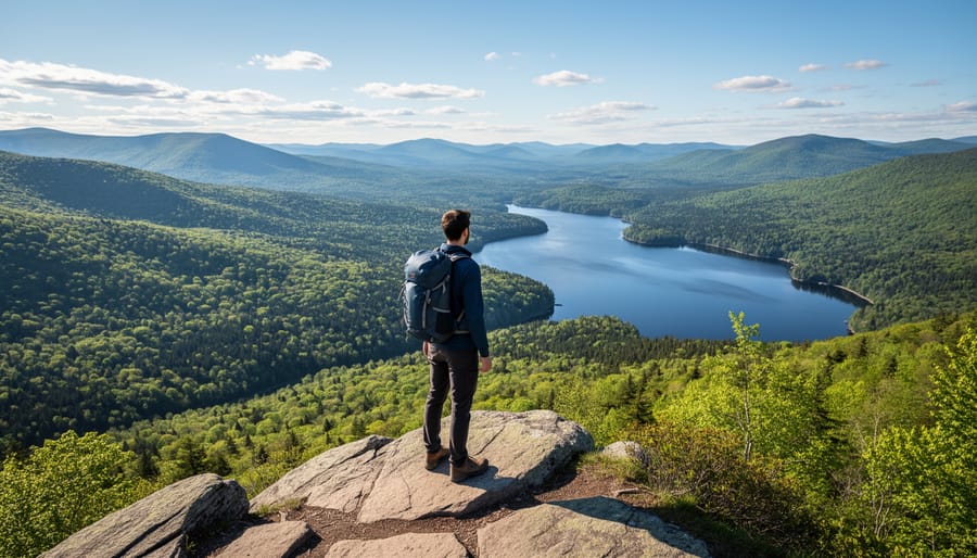 Hiker with trekking poles at a rocky viewpoint overlooking a valley and lake in Mont-Tremblant