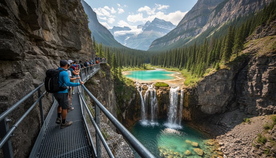 Hikers on a canyon catwalk overlooking waterfalls on the Johnston Canyon to Inkpots trail