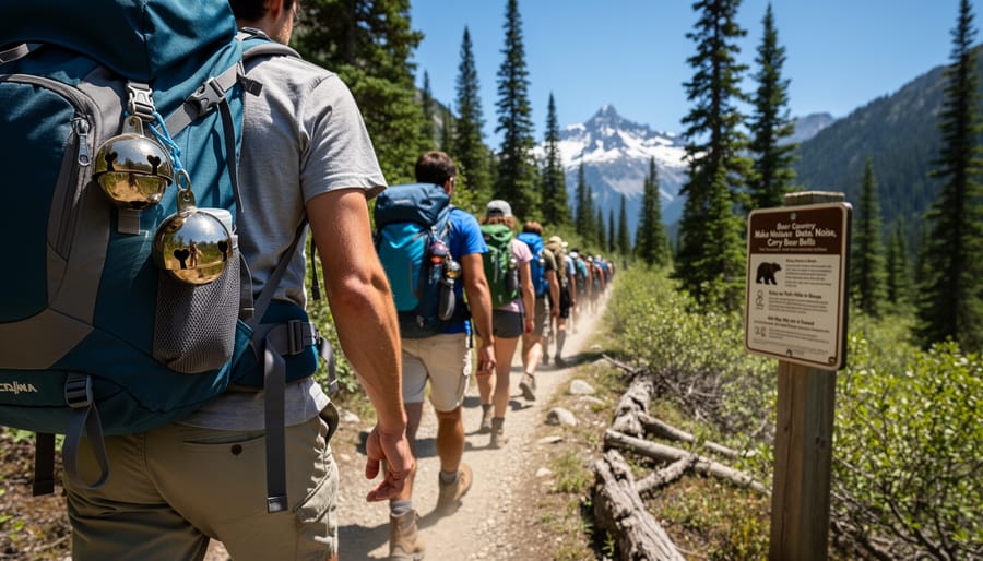 Hikers pausing on a coastal trail with a bear bell attached to a backpack.