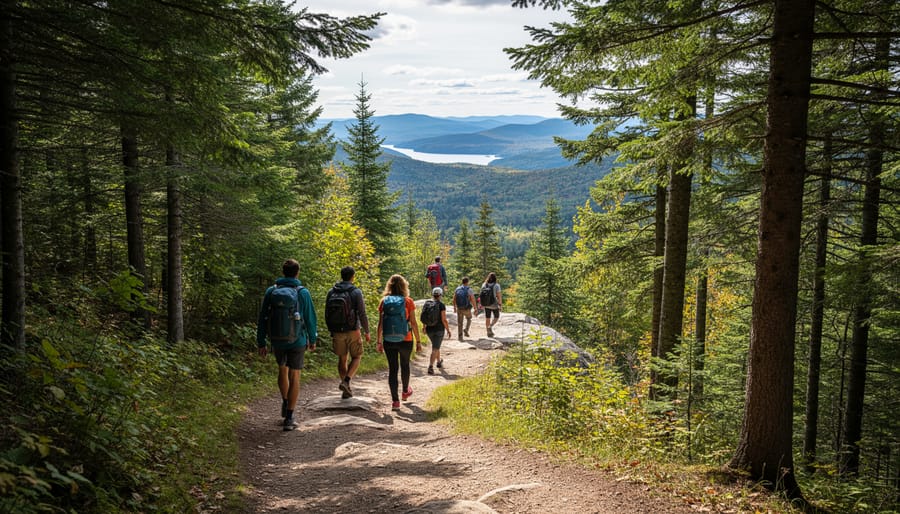 Hikers walking along a winding forest trail in Mont-Tremblant National Park near a wooden footbridge