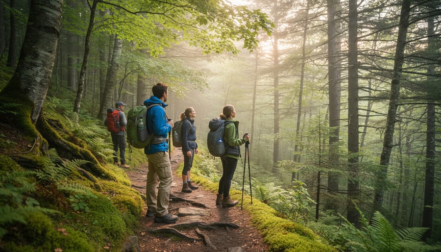 Hiking boots and trekking poles standing on a mossy trail in the Mont-Tremblant forest