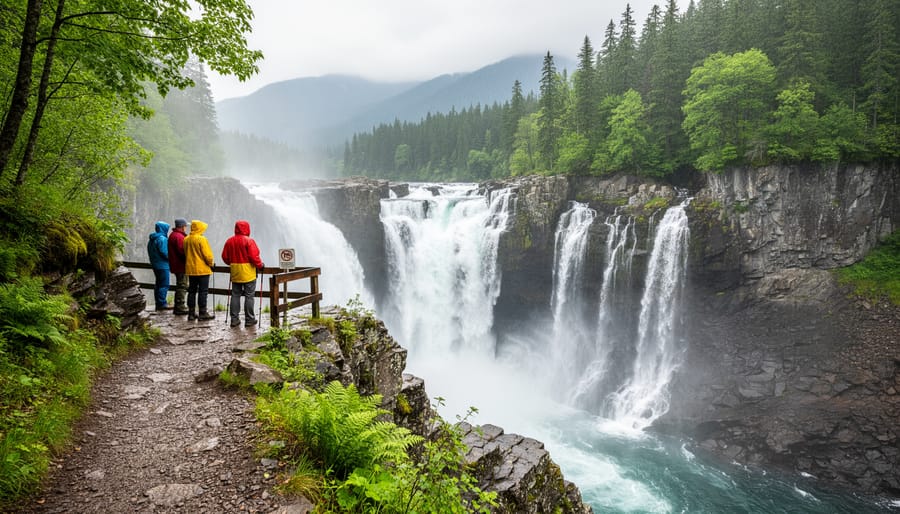 Hikers on a forest trail near a misty waterfall plunging into a rocky ravine in North America.