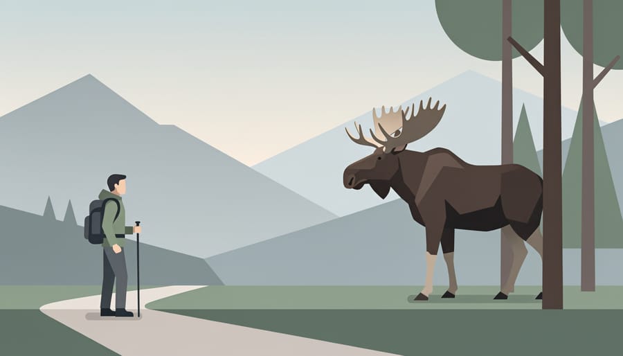Moose standing near a forest trail in Mont-Tremblant with a distant hiker silhouette