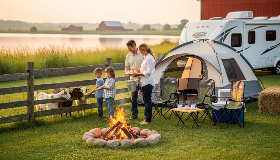 Family camping by a lakeside campfire in a farm campground while children feed goats and a parent holds a bucket of fresh eggs, with tents and hay bales nearby.