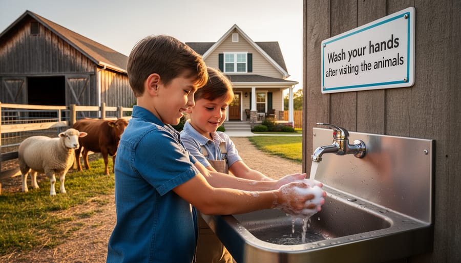 Parent and child washing hands at a wash station after a farm animal visit.