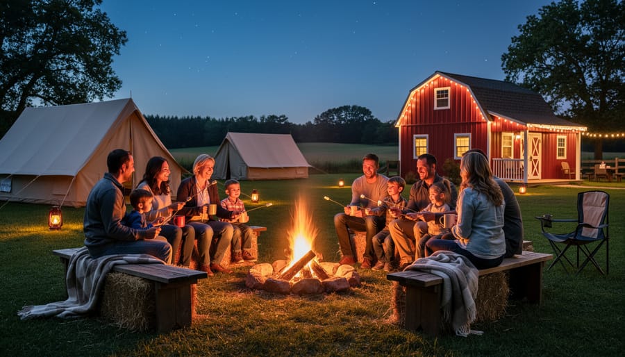 People gather around a campfire at a farm-themed campsite during a group song.