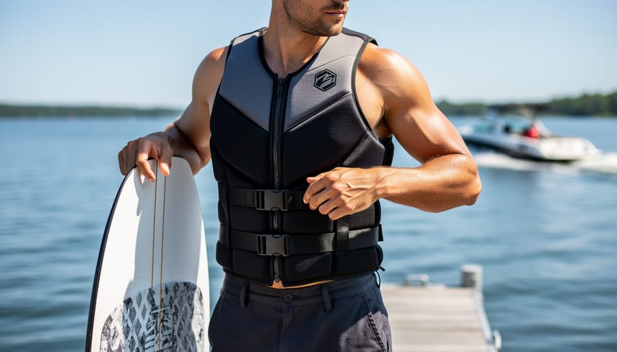 Person wearing a wakeboarding vest preparing to step into a boat at the dock.