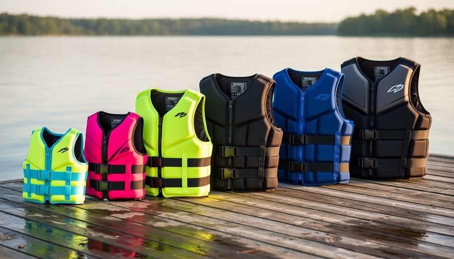 Several types of life jackets displayed on a dock without visible text