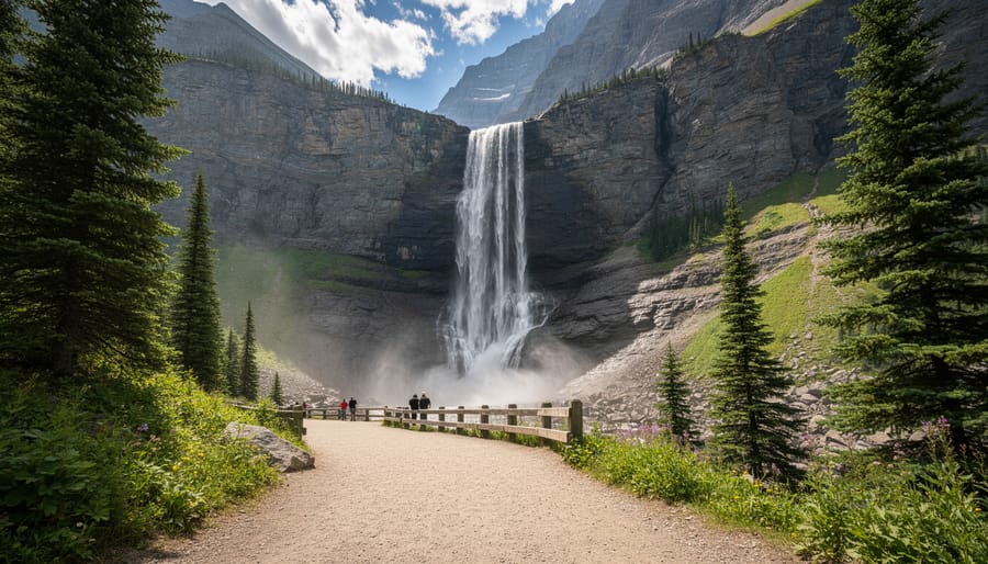 Takakkaw Falls towering above a viewpoint walkway with a person near mist in Yoho National Park
