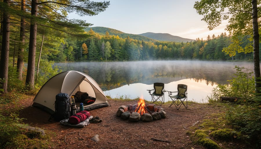 Tent pitched on a forest campsite near a clear lake in Mont-Tremblant national park