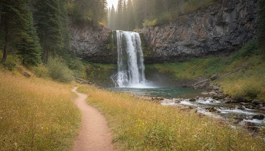 Trail leading to King Creek Falls with wildflower meadow and rocky cascade in Kananaskis Country