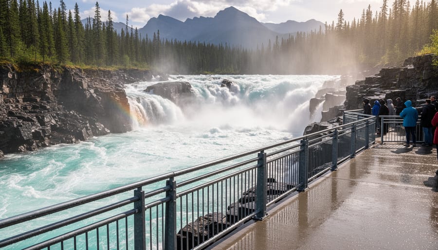 View of Athabasca Falls with safety barrier and roaring whitewater in Jasper National Park