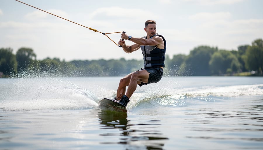 Wakeboard rider wearing a wakeboarding vest while carving across the water with spray behind them.