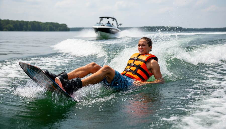 Wakeboarder buoyed by a life jacket floating near the surface after a fall