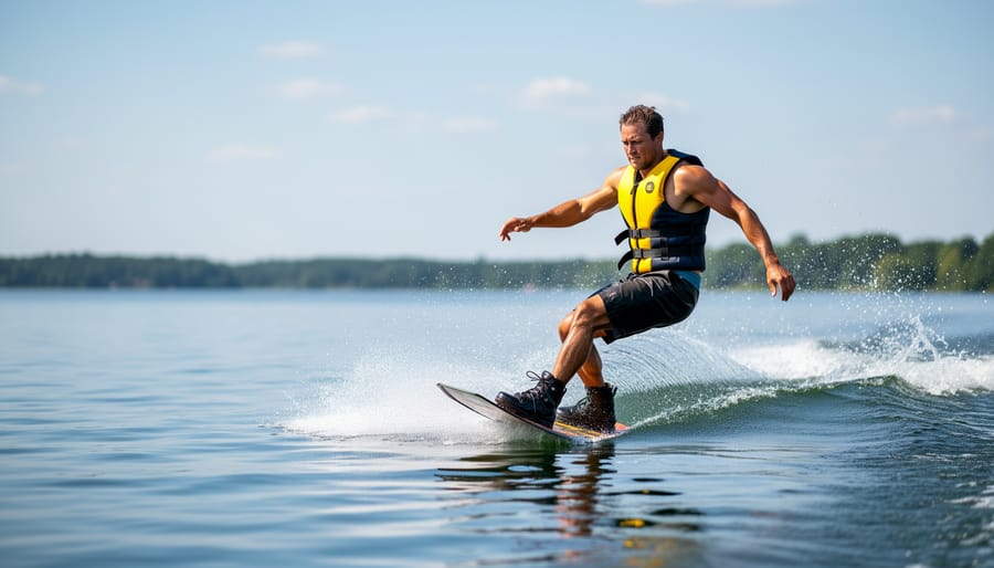 Wakeboarder wearing a blue and black life jacket on a boat wake