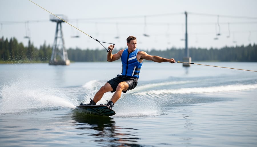 Wakeboarder wearing a low-profile blue approved life jacket on a lake near a wake, with a cable park structure blurred in the background.
