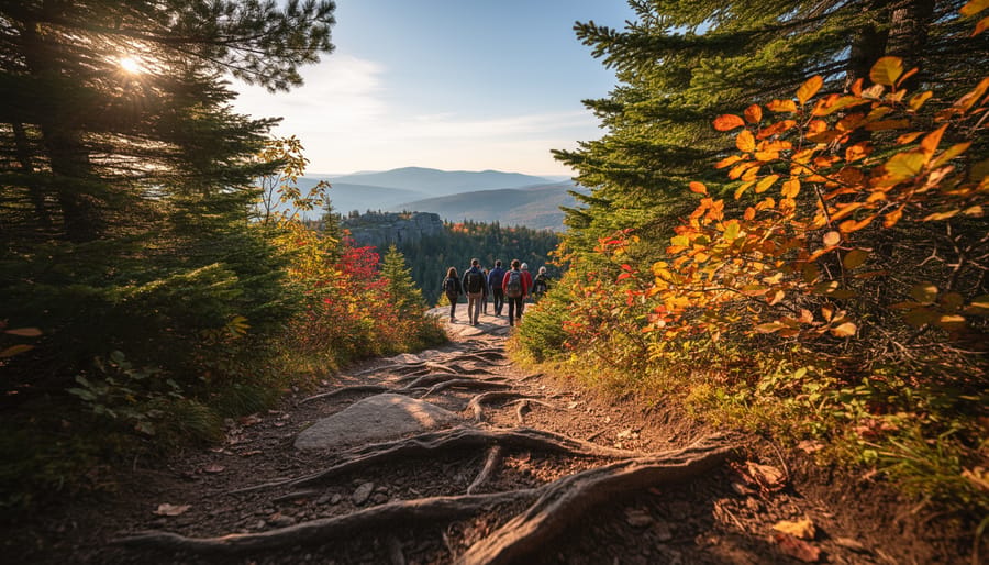 Hikers walk along a winding trail in Mont-Tremblant through evergreen forest as autumn leaves glow and the path leads to a distant scenic overlook.