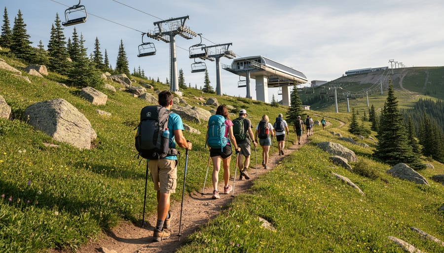 Hikers walking along a high-altitude alpine trail at Big White in summer with lift infrastructure in the background