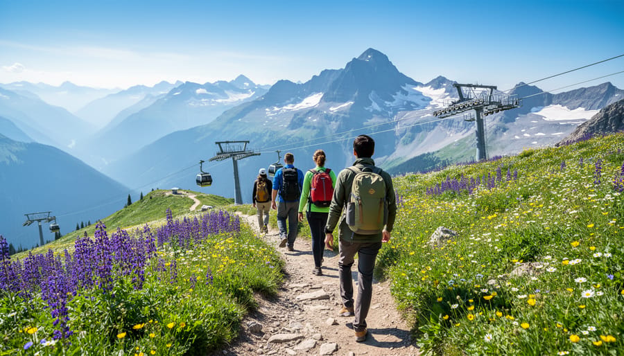 Hikers walking on a high-altitude alpine trail at Big White in summer, with wildflower meadows and gondola lift infrastructure in the distant background.