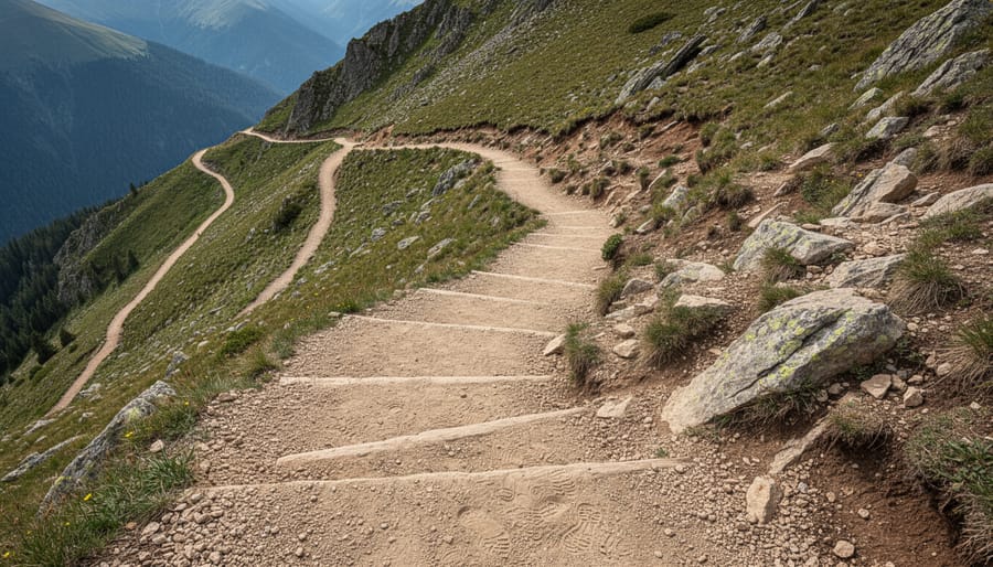 Close-up view of a switchback landing and dirt trail curve on a steep hillside