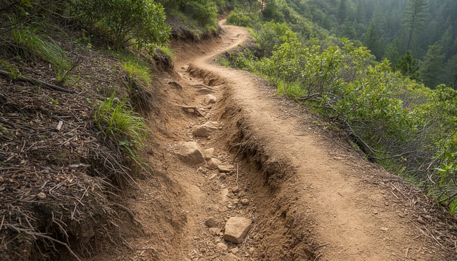 Exposed bare soil and trampled plants on a hillside where switchbacks were cut