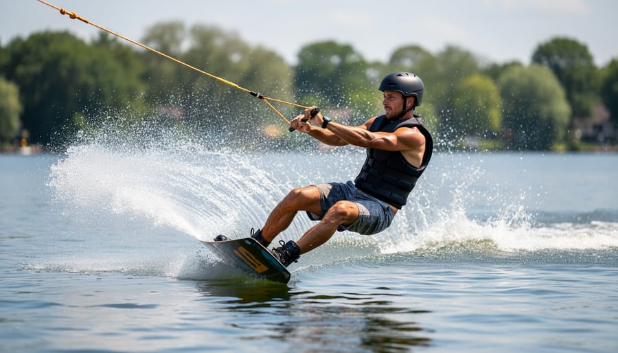 Wakeboard rider wearing a water helmet jumping through spray near the wake.