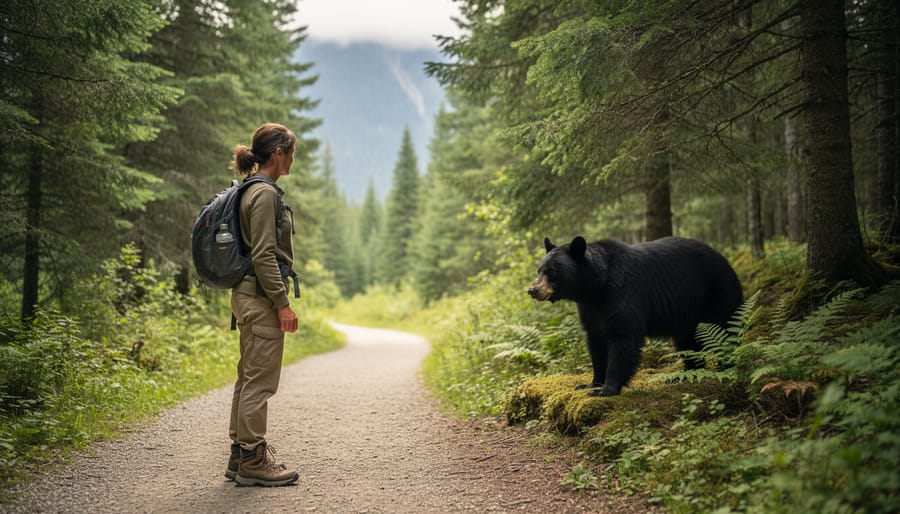 Hiker observing a black bear from a safe distance near a West Kootenay forest trail