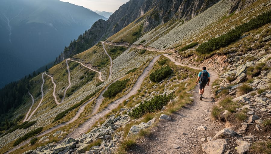 Hiker walking on a steep mountainside trail with visible switchbacks and curved trail sections