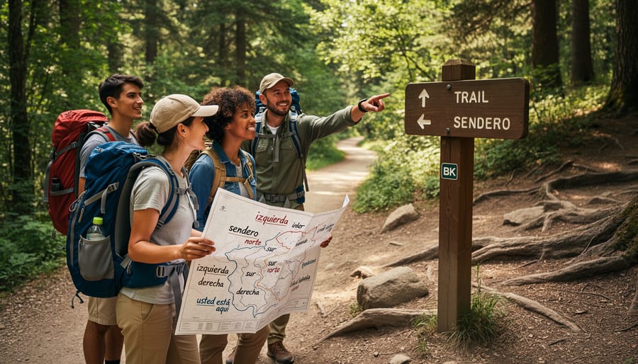 Hikers at a forest trail junction reviewing a guide book and pointing to the path ahead.
