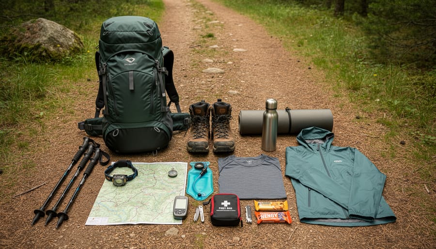 Close-up of hiking equipment, backpack, trekking poles, canteen, and trail boot, on a rocky campsite surface.