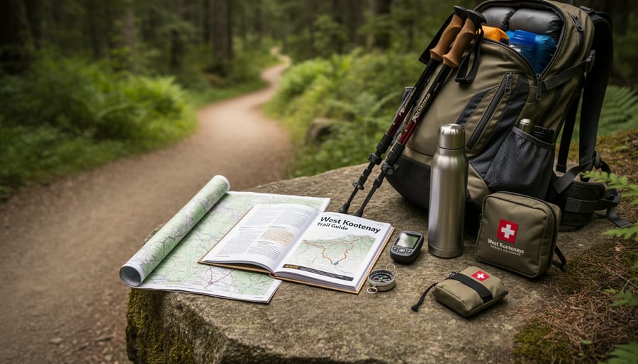 Backpack and West Kootenay hiking guidebook placed on a log beside a forest trail