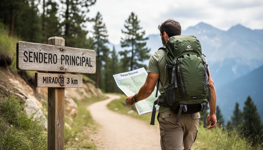 Hiker with backpack holding a trail map on a mountainous forest path with a wooden trail sign in the background