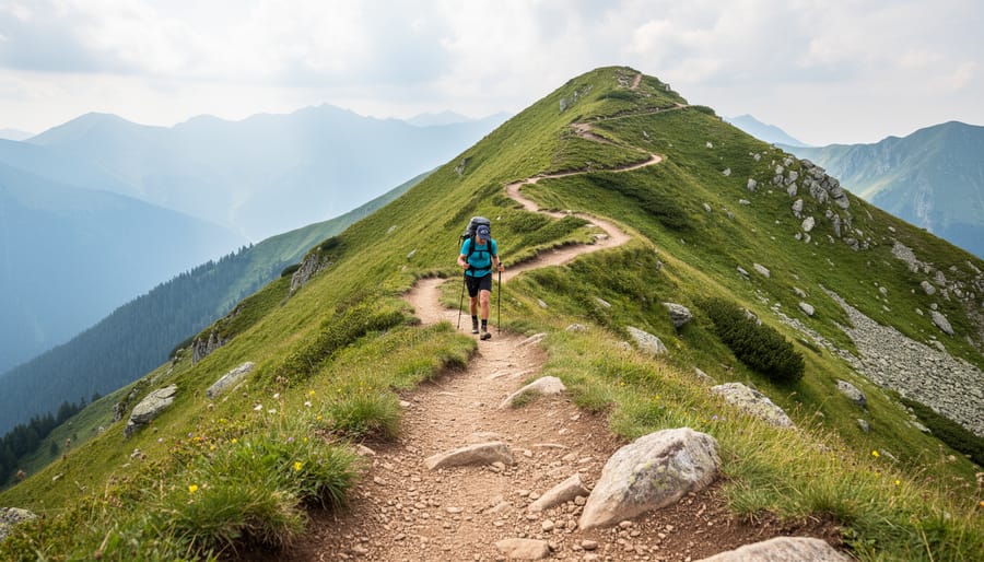 Hiker ascending a steep mountain trail along a zigzag switchback path with curved turns visible on the hillside