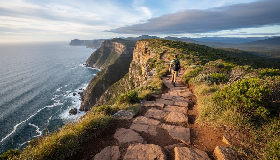 Hikers on Kabeyun Trail along a cliff edge overlooking the ocean