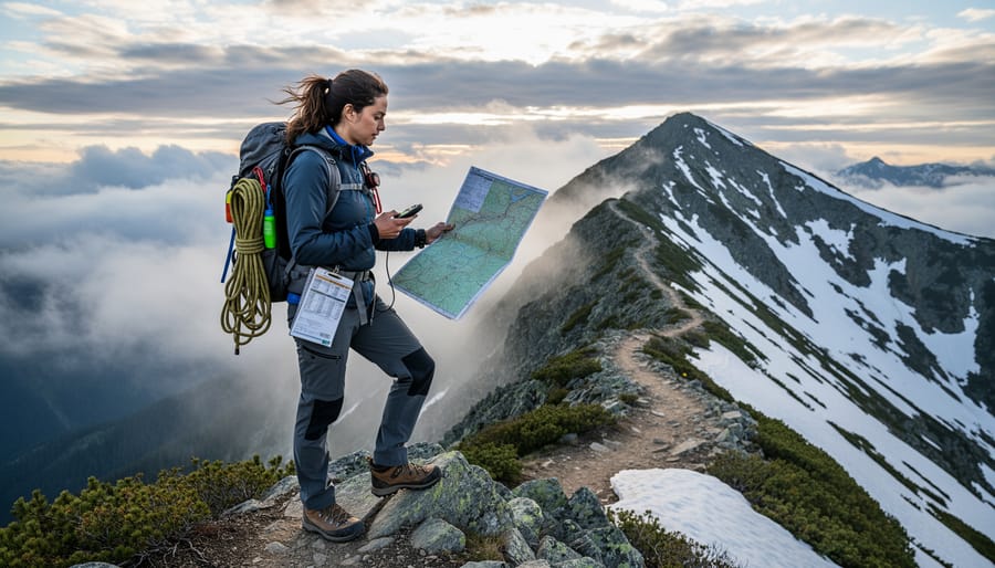 Hiker with daypack and navigational tools standing on a ridge overlooking mountains at Big White