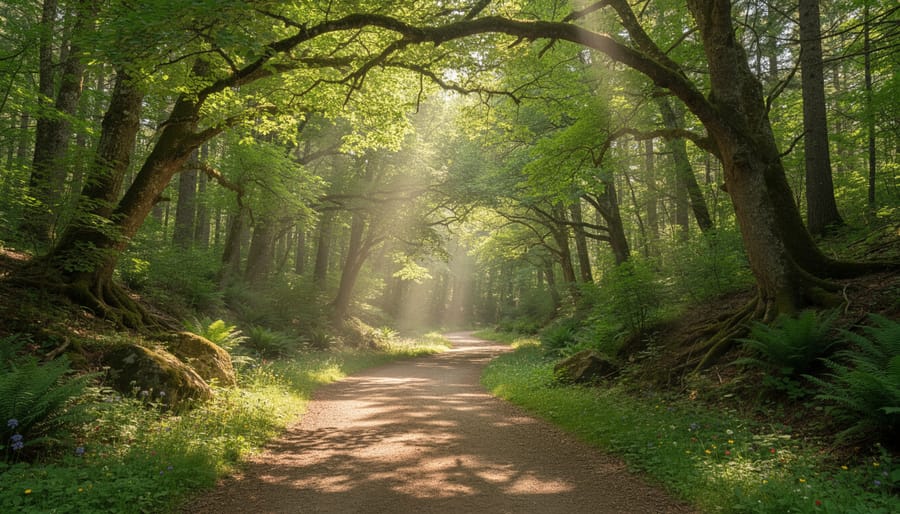 Winding trail through green forest on Sawyer Bay Loop with dappled sunlight