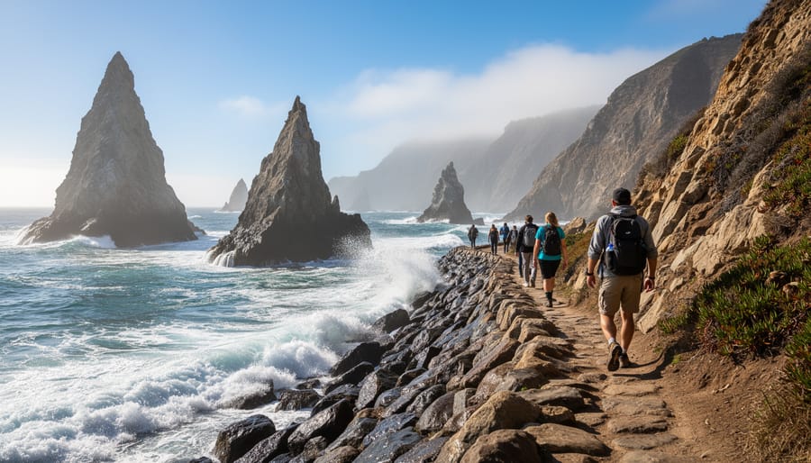 Hikers walking along the shoreline on Sea Lion Trail beside jagged rocks and waves
