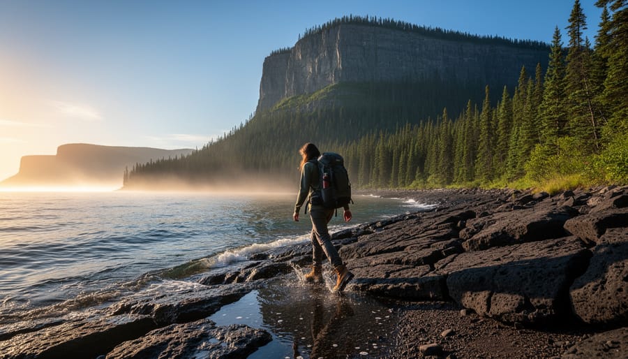 Hiker on a rocky shoreline hiking trail with boreal forest and the Sleeping Giant cliff formation above Lake Superior in the distance.