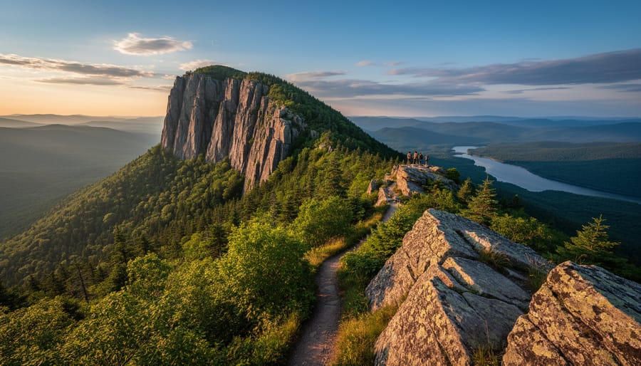 Golden-hour view of Sleeping Giant rock formation rising above forest with hikers on a distant trail