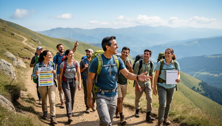 A guide and hikers walking together on a mountain trail during golden hour.