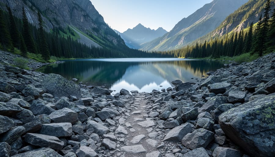 Backcountry hiker at the shore of Talus Lake with rocky talus slopes and calm water
